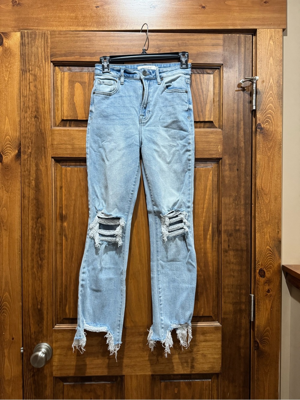 Light Blue Distressed High-Rise Straight Leg Jeans